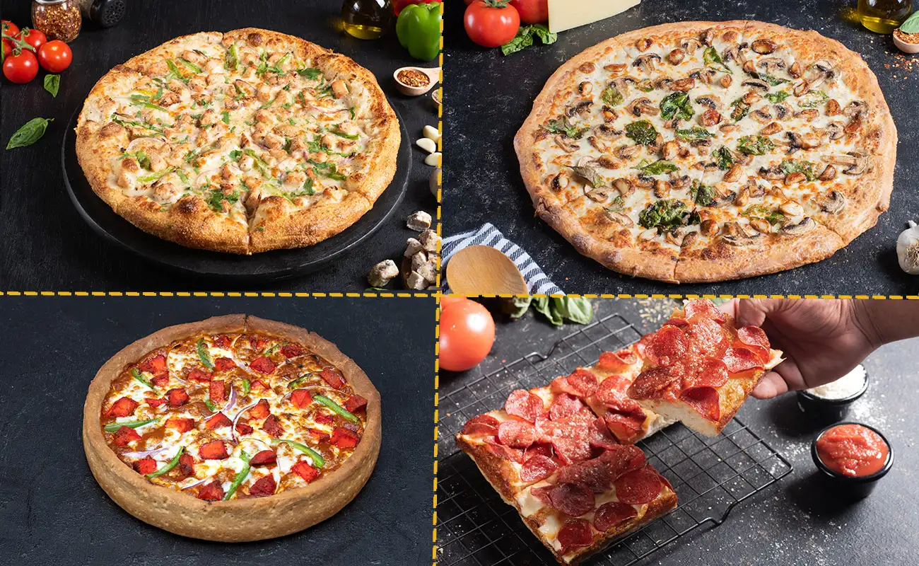 Grilled Chicken Pizza, Detroit-Style Pizza, Mushroom Pizza, New York Pizza