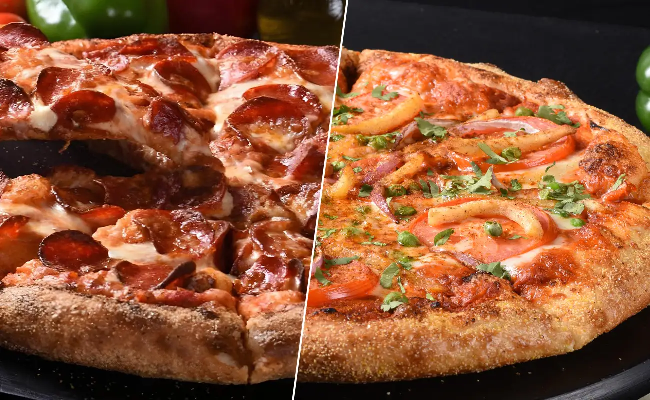 A split-screen image of two different pizzas: the left side shows a pepperoni pizza with melted cheese and a golden-brown crust, while the right side features a veggie pizza topped with tomato slices, onions, and fresh herbs