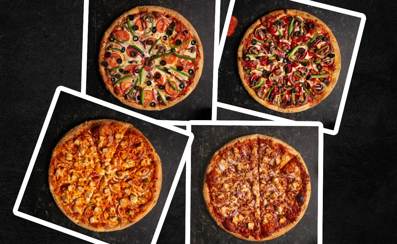 A collagen of Supreme Works pizza, BBQ Chicken Pizza, Buffalo Chicken Pizza