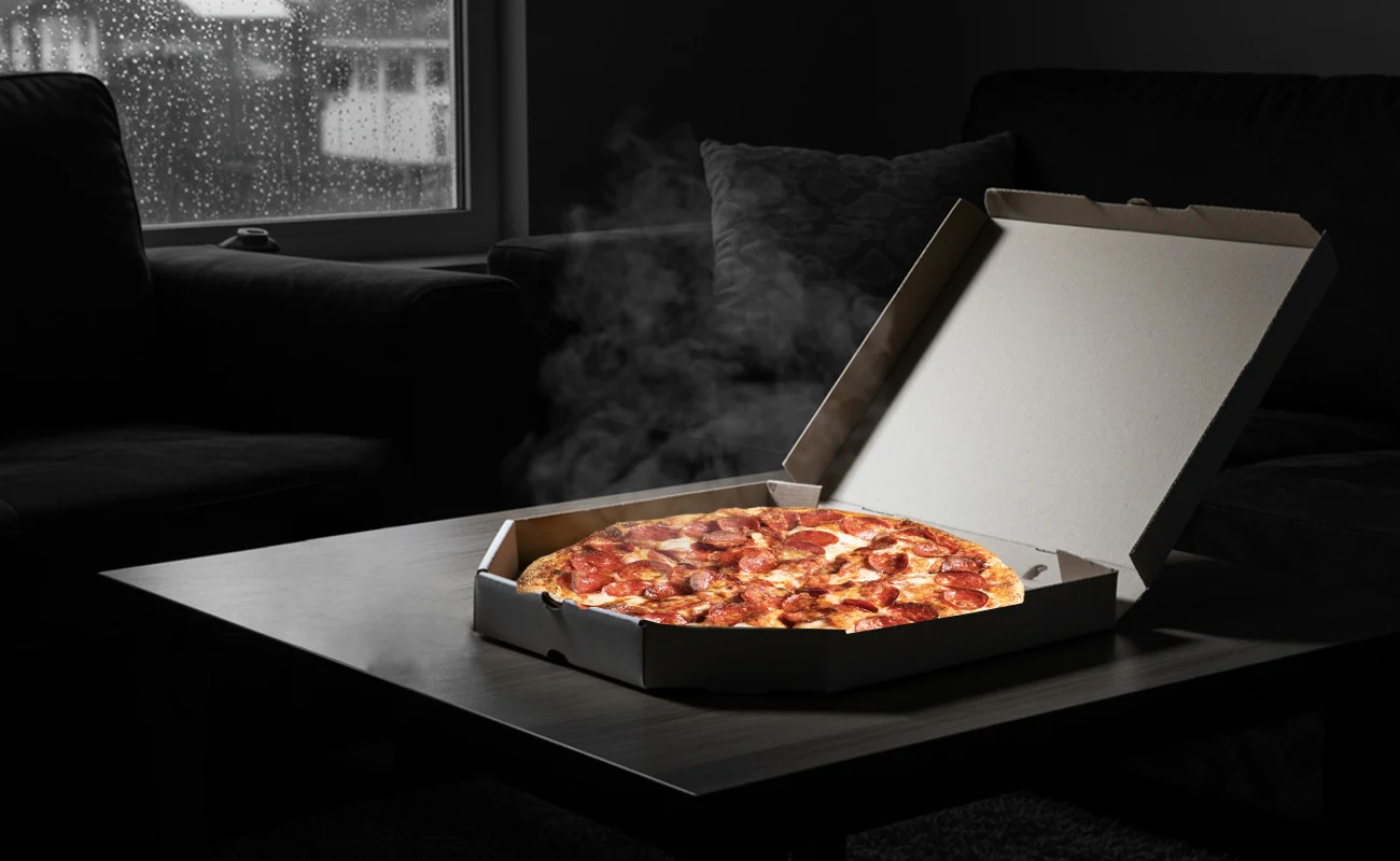 A hot, freshly delivered pizza in an open box sits on a coffee table in a dimly lit living room, with steam rising and a rainy window in the background.